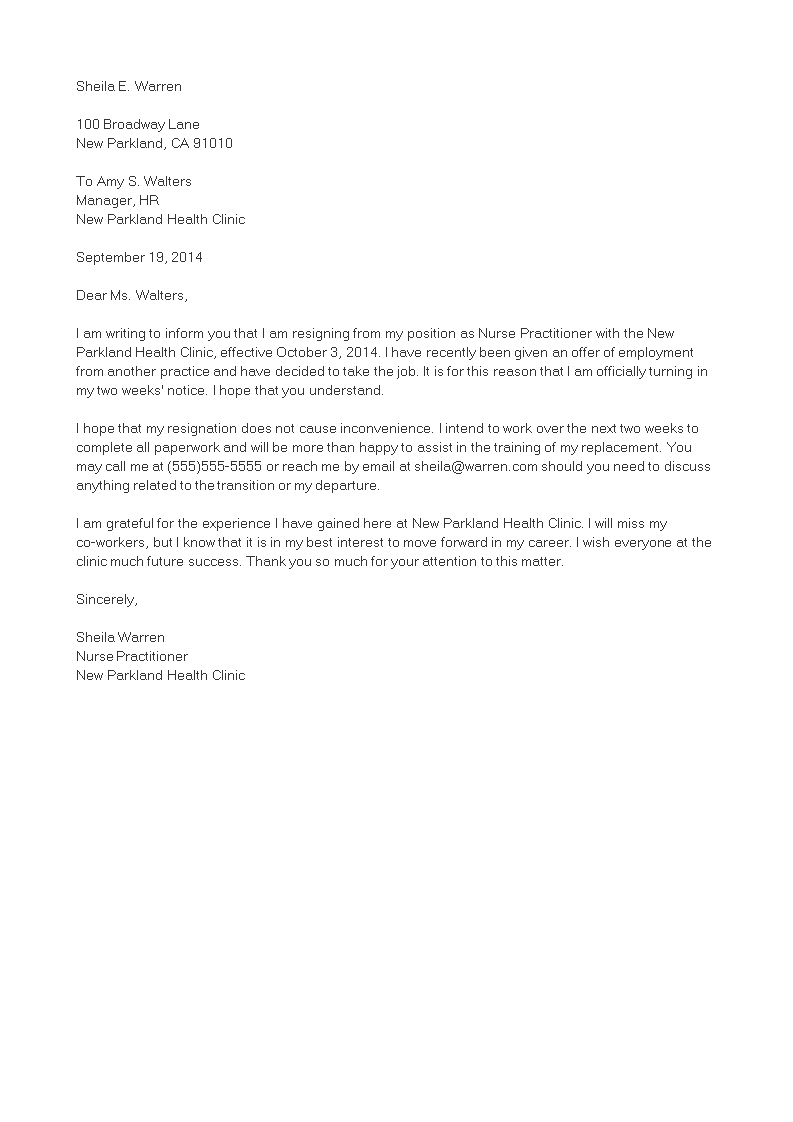 Kostenloses Nurse Practitioner Resignation Letter