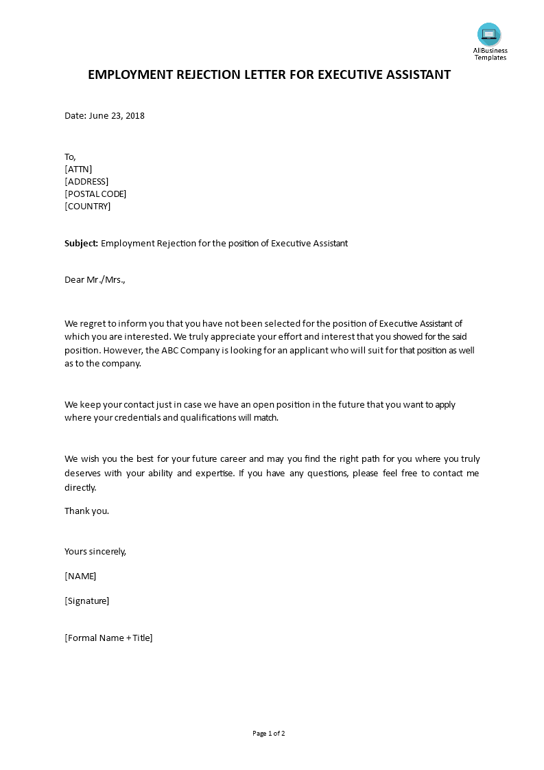 executive assistant employment rejection letter template