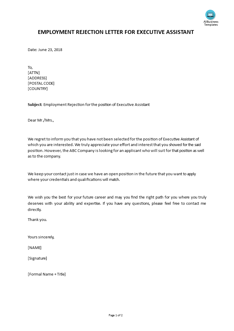 Executive Assistant Employment Rejection Letter main image