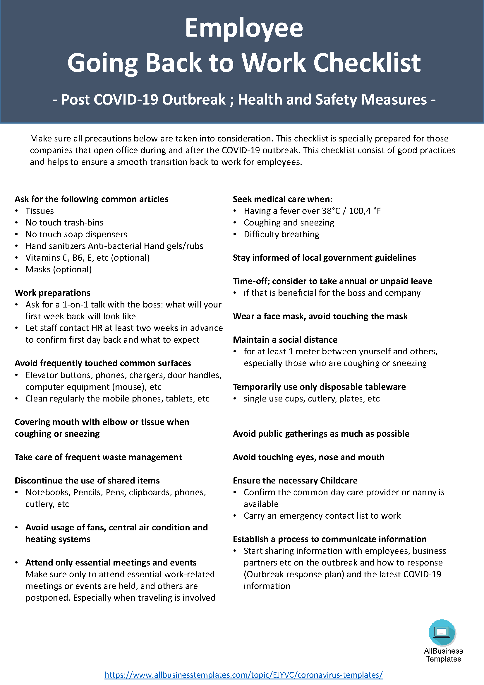 Back To Work Checklist Coronavirus Employees main image