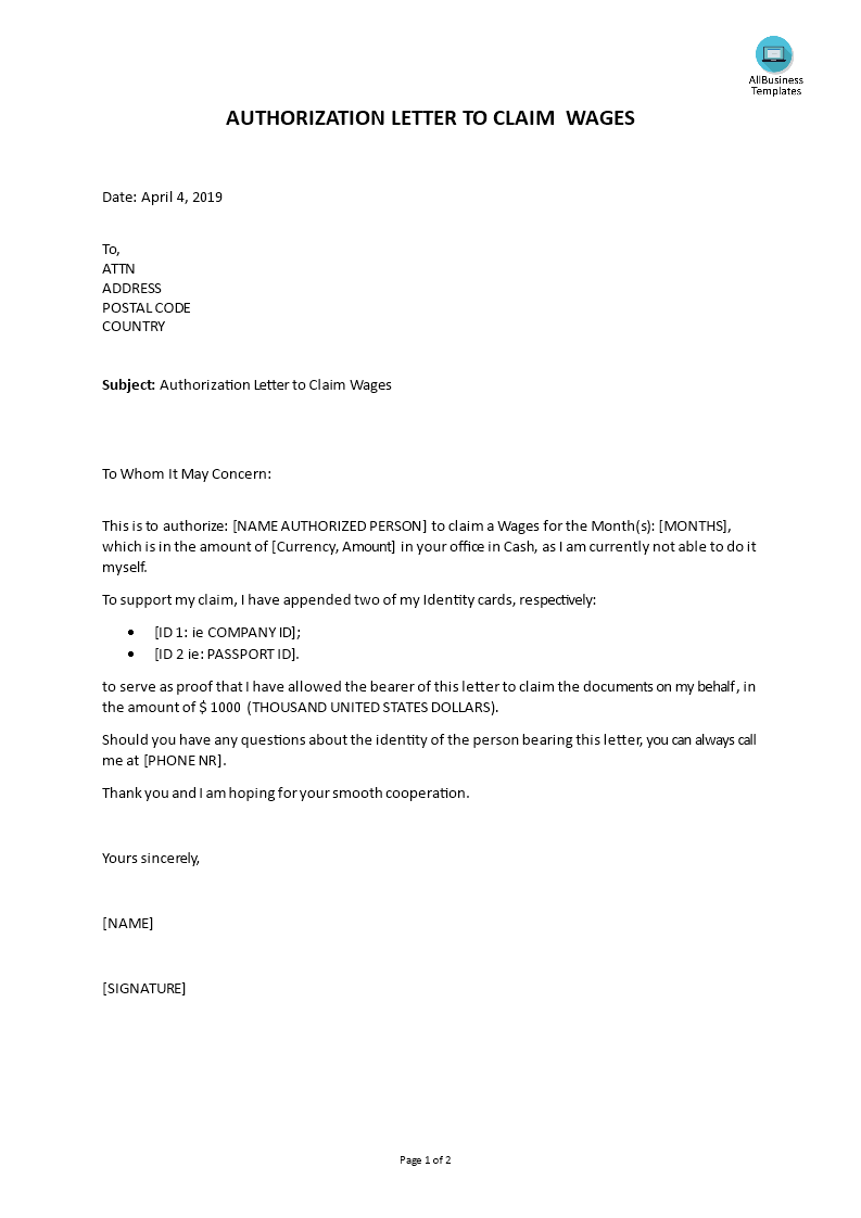 authorization letter to claim wages voorbeeld afbeelding 