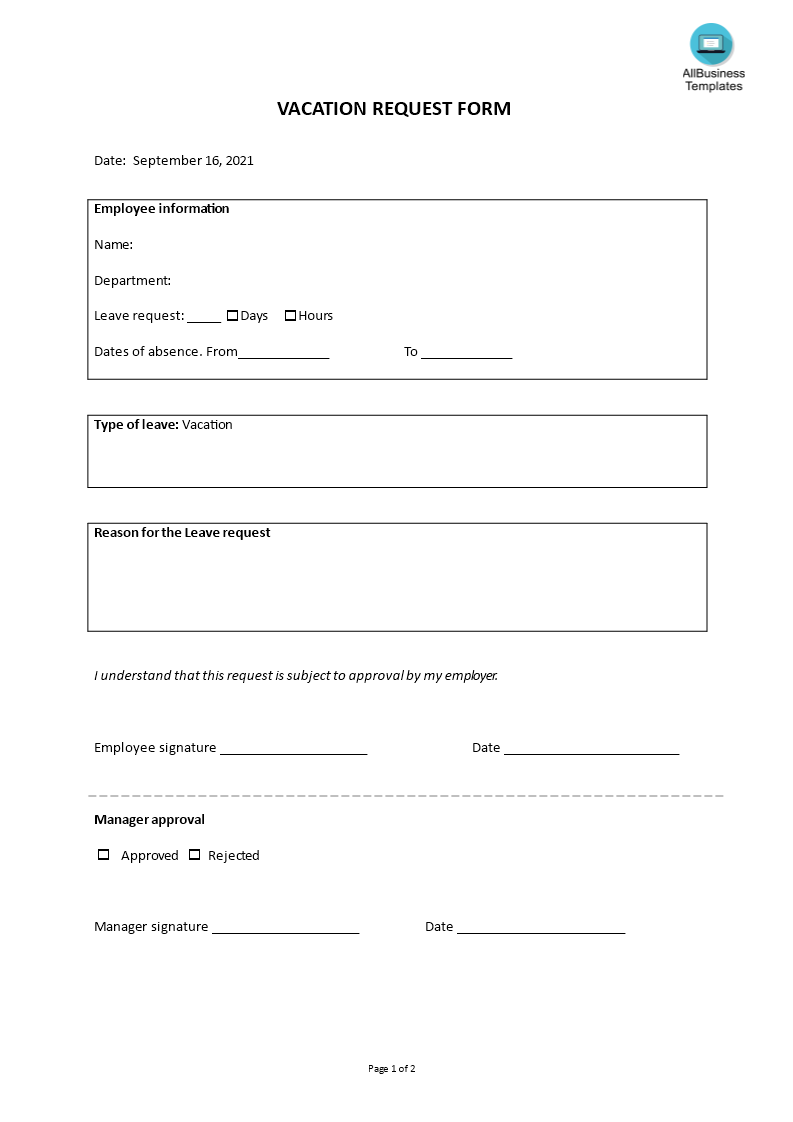 vacation request form template