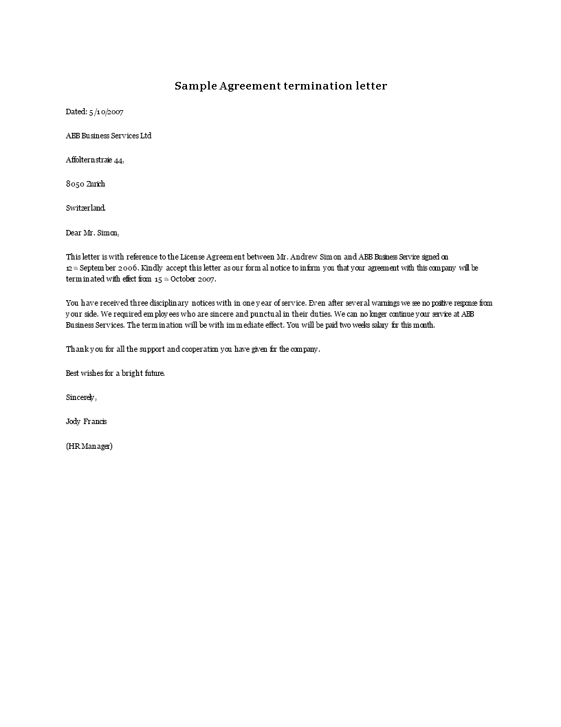 agreement termination sample letter template