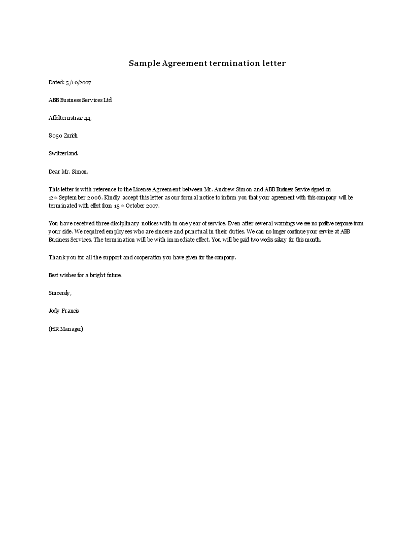 agreement termination sample letter modèles