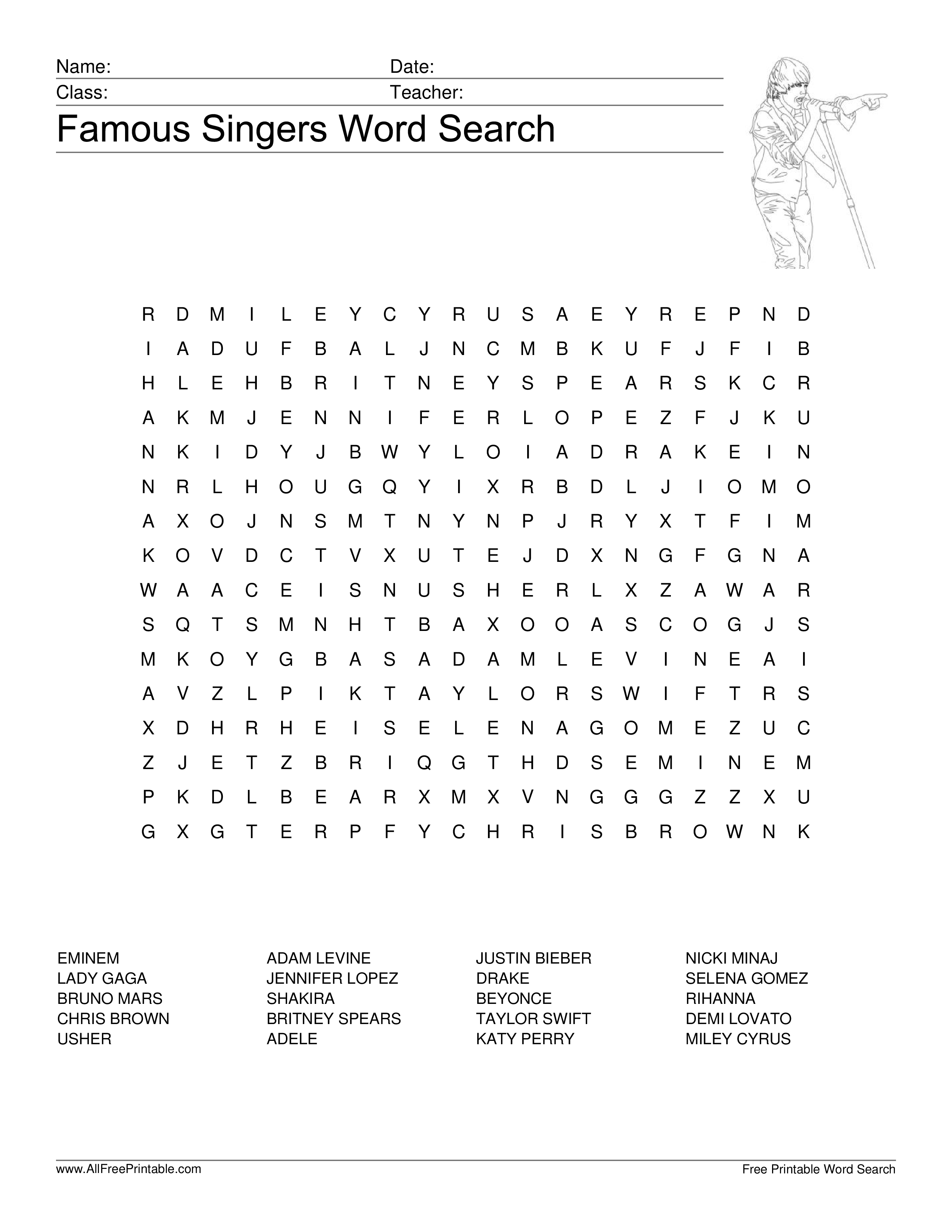 Famous Singers Word Search main image Download template