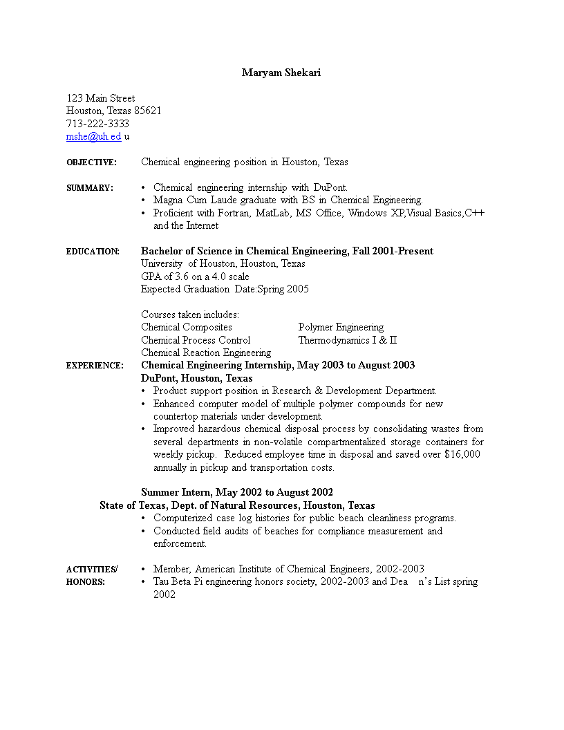 internship chemical engineering resume template