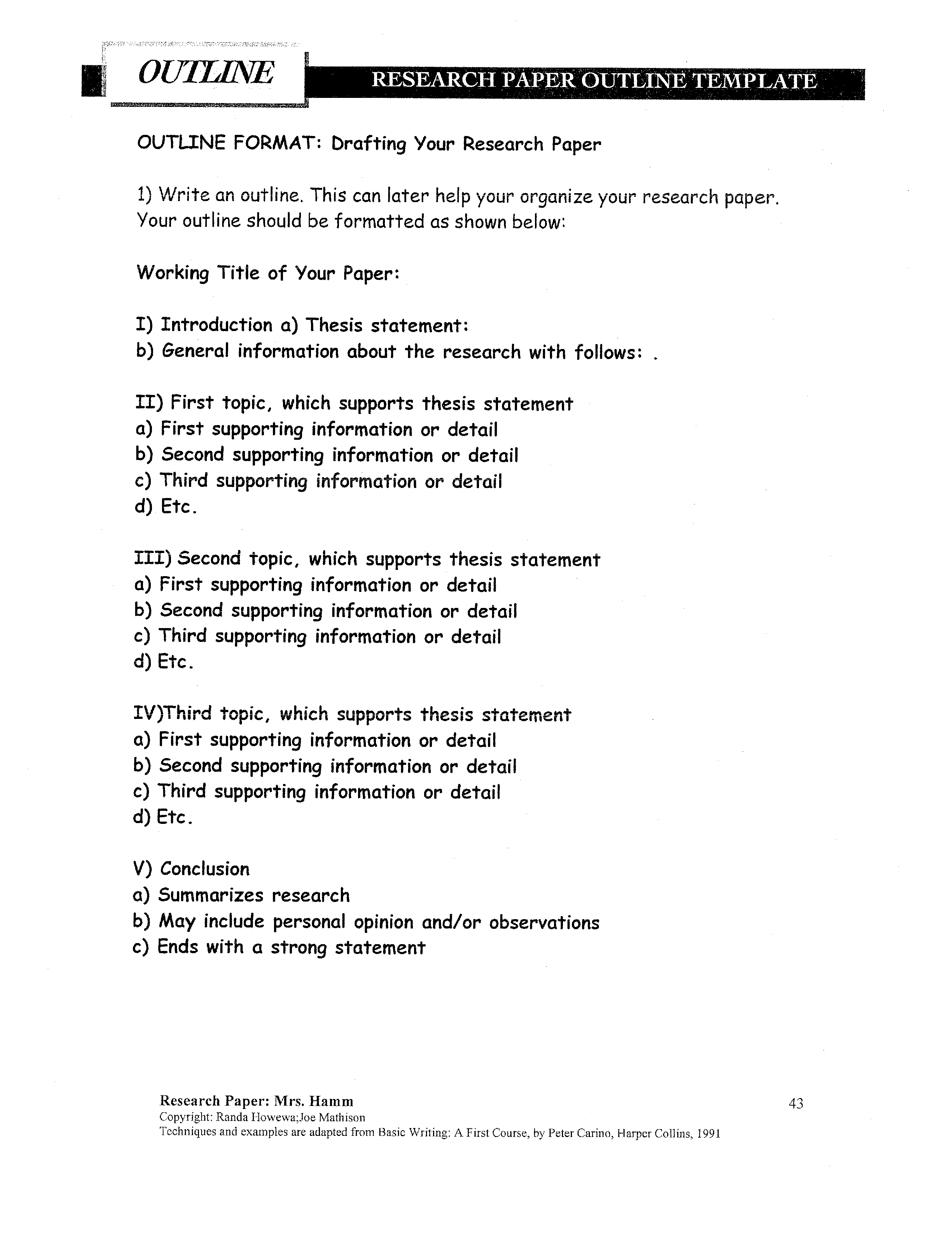 Kostenloses Research Paper Outline Format Blank Sample