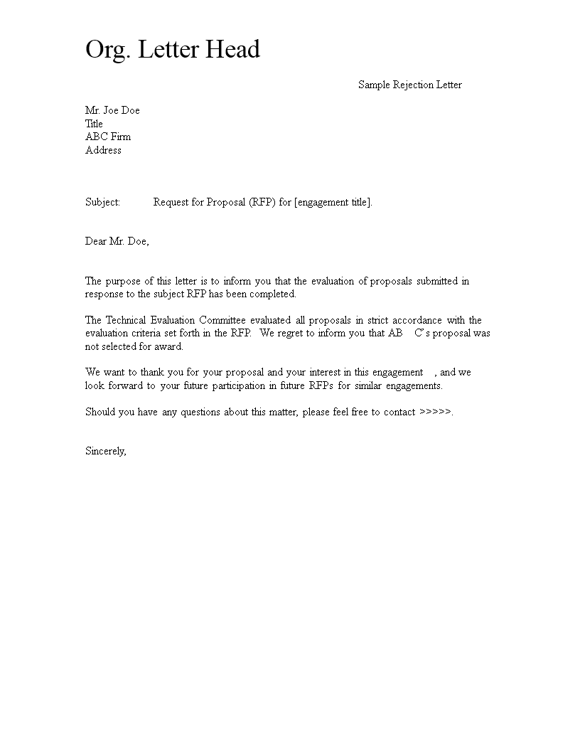 Kostenloses Request For Proposal Rejection Letter Regarding Proposal Rejection Letter Template