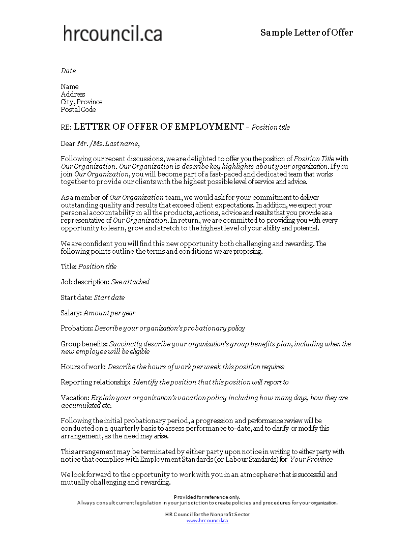 formal offer of employment letter template