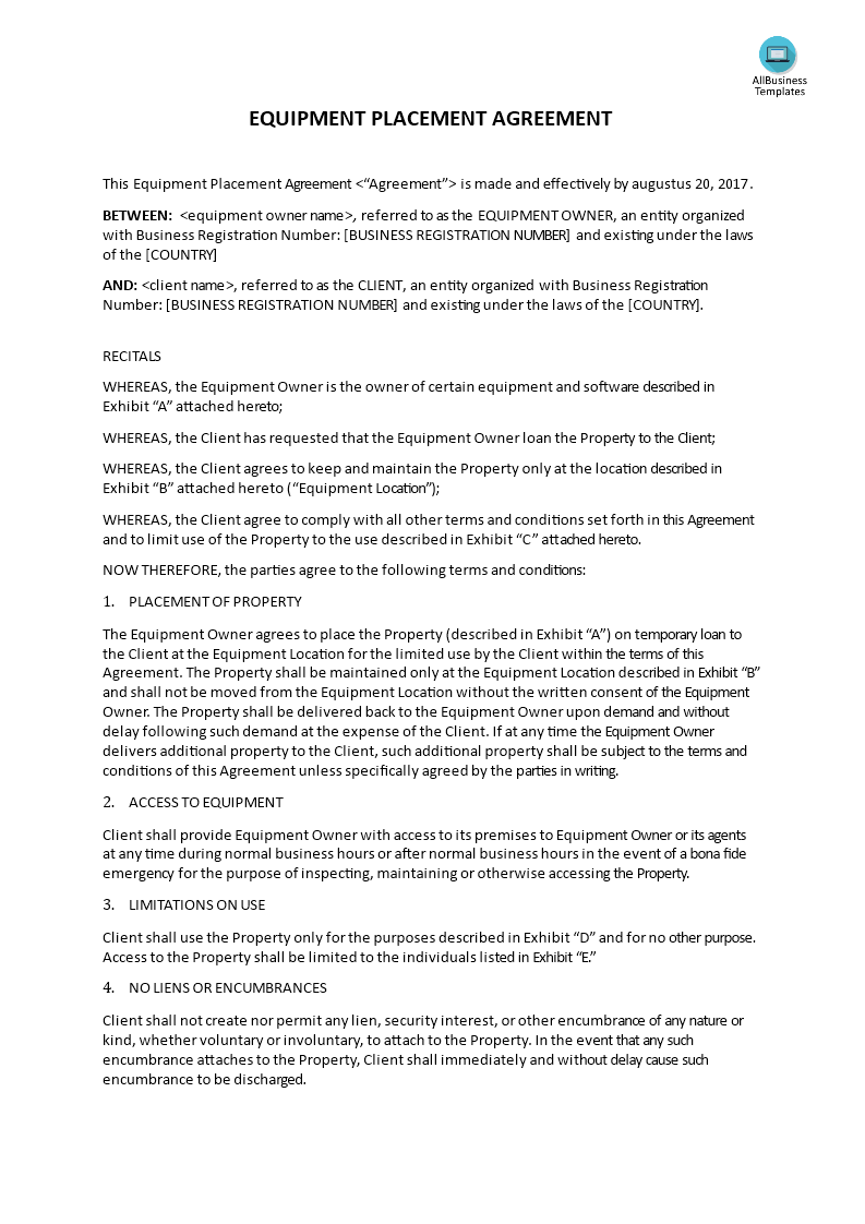 placement of equipment agreement example modèles