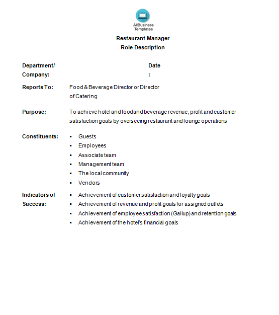 hotel restaurant manager job description template