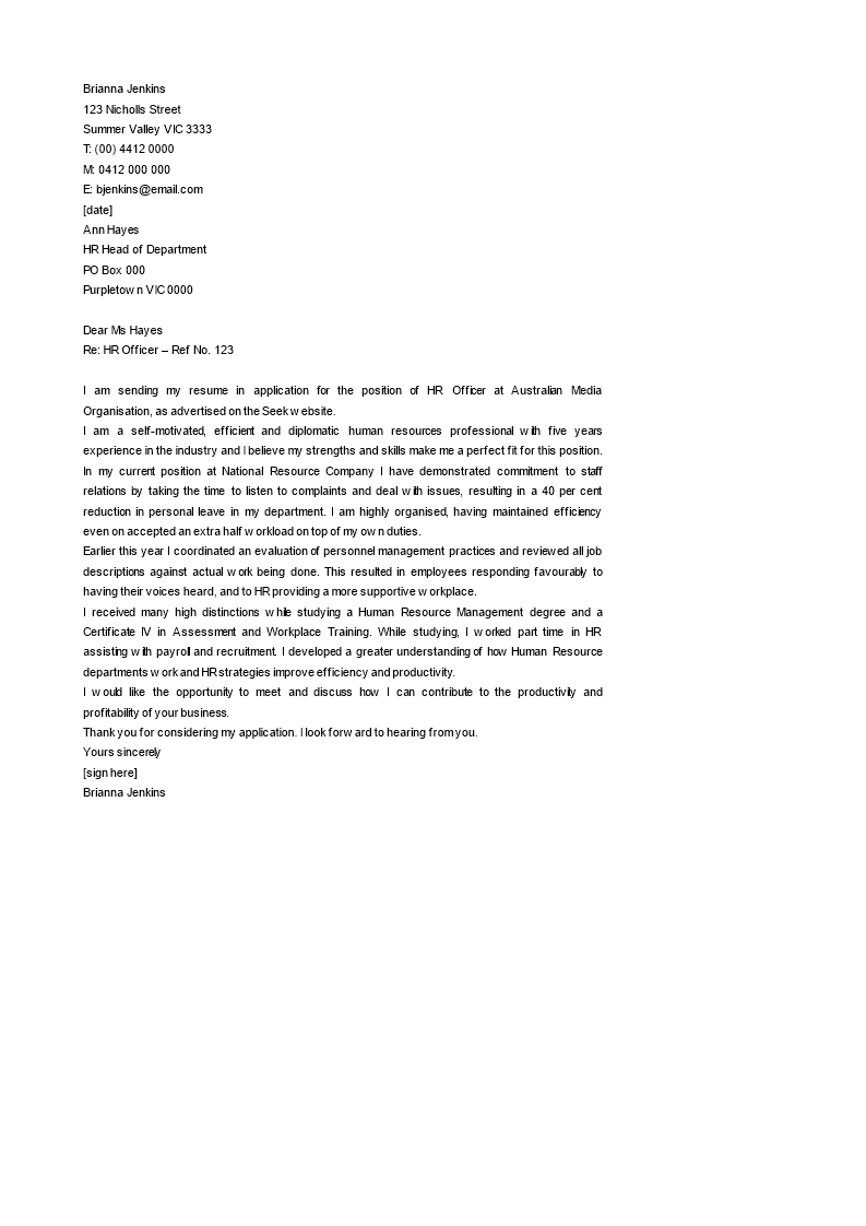 Human Resources Officer Cover Letter main image