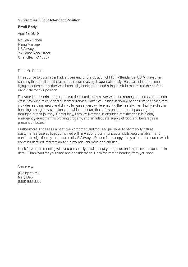 email cover letter for a job application