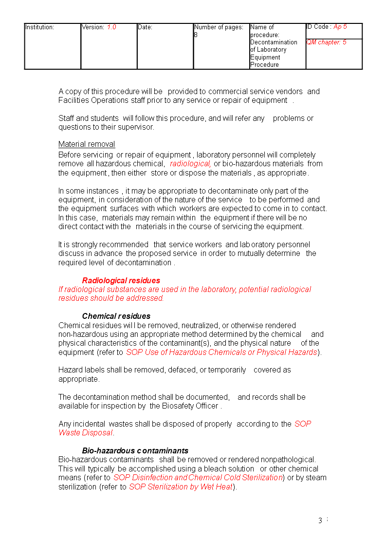 decontamination laboratory equipment sop template