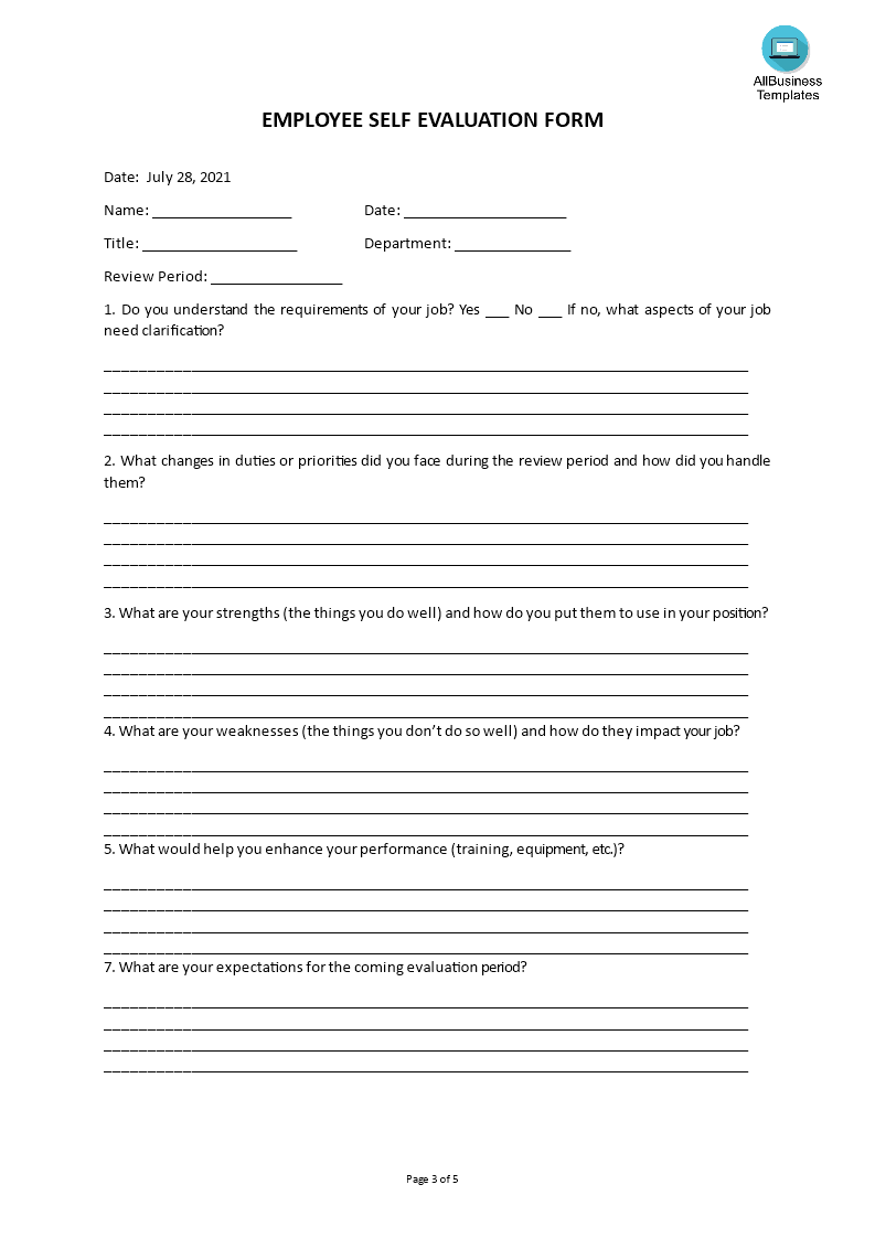 Employee Self Evaluation Form main image