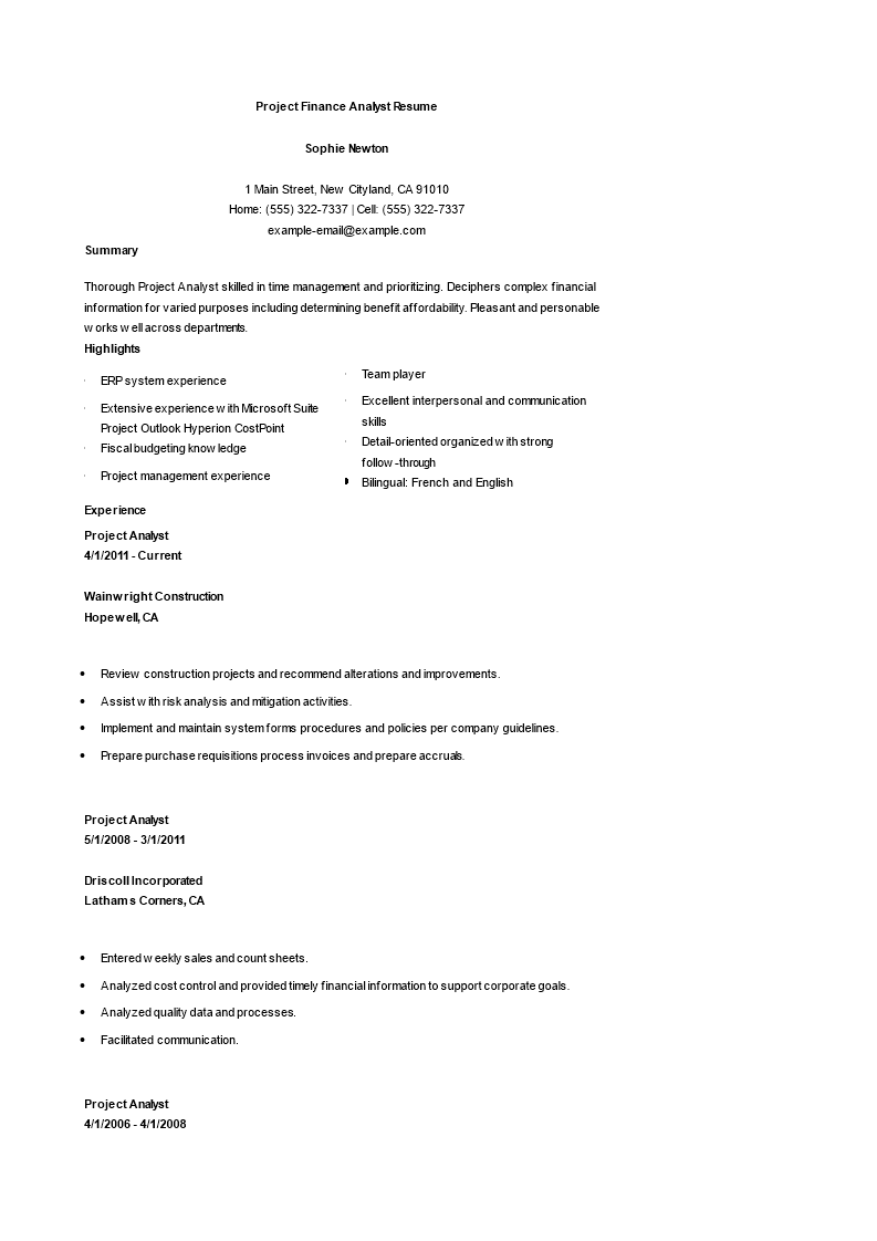 project finance analyst cv modèles