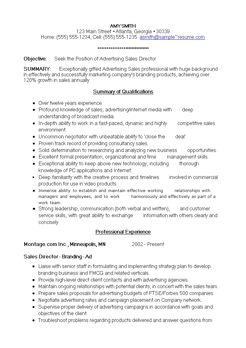 advertising sales director resume modèles