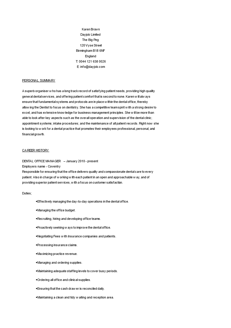 dental office manager resume modèles