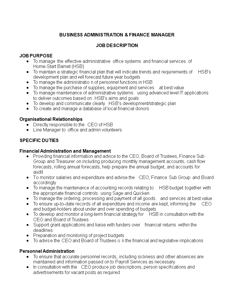 business administration finance manager job description voorbeeld afbeelding 