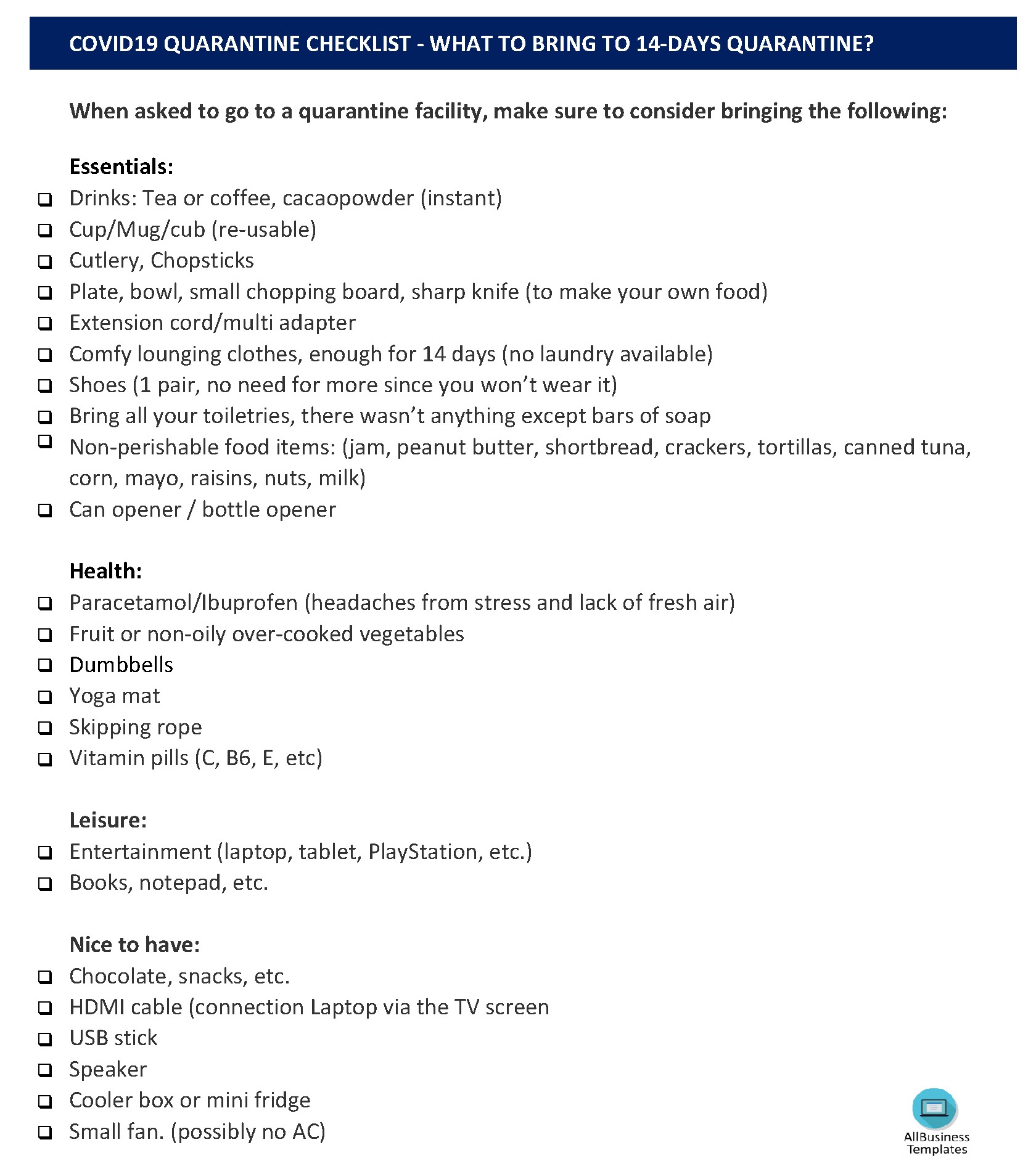 COVID-19 Quarantine checklist 模板