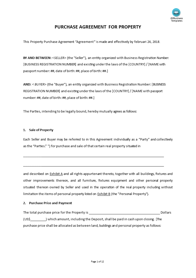 Property Purchase And Sale Agreement 模板