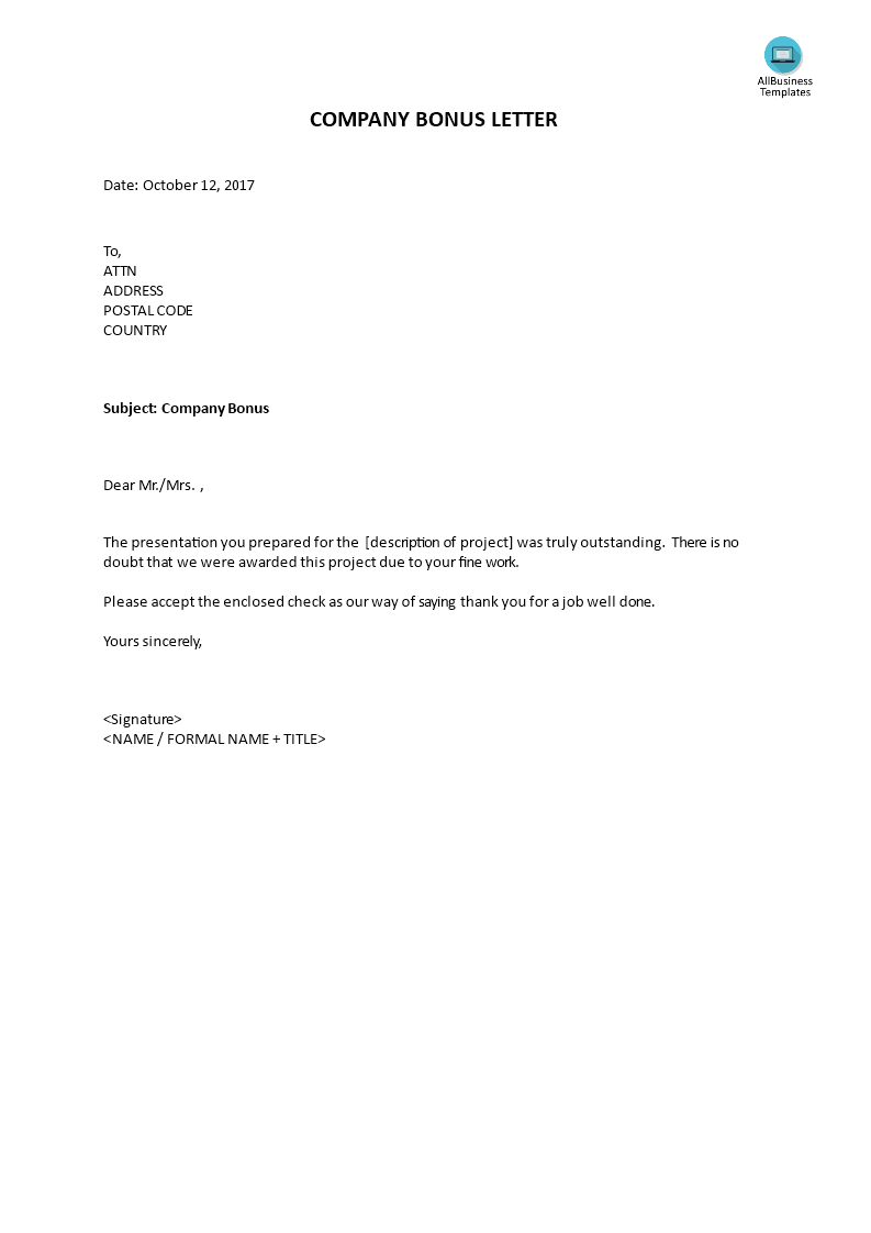 company bonus letter template