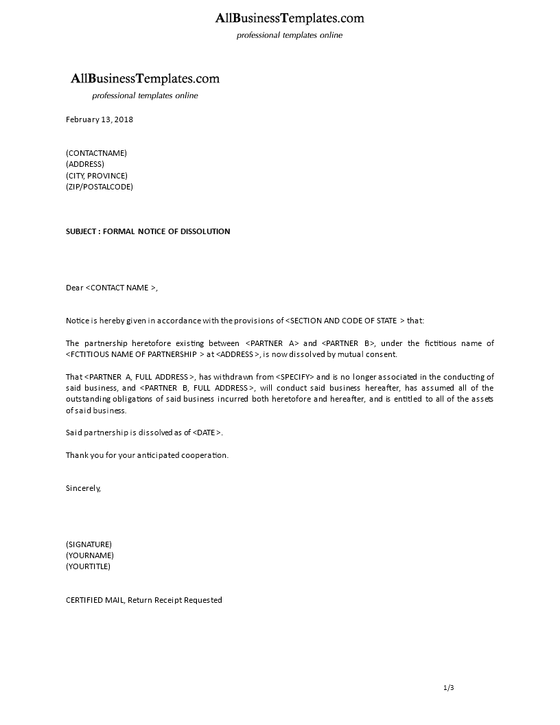 formal notice of dissolution Hauptschablonenbild