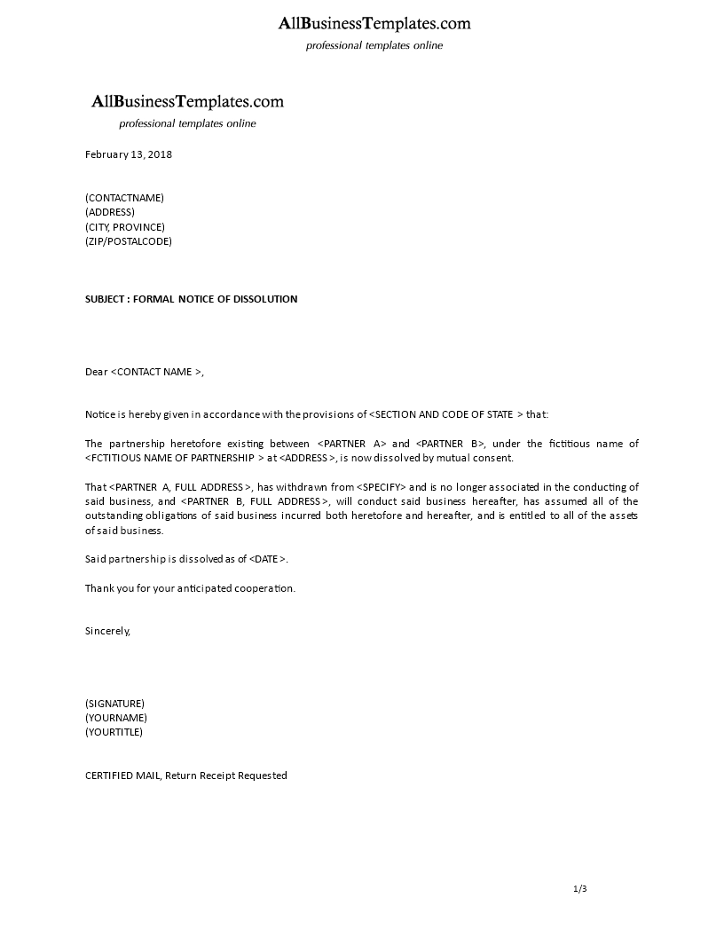 Dissolution Of Partnership Agreement Template