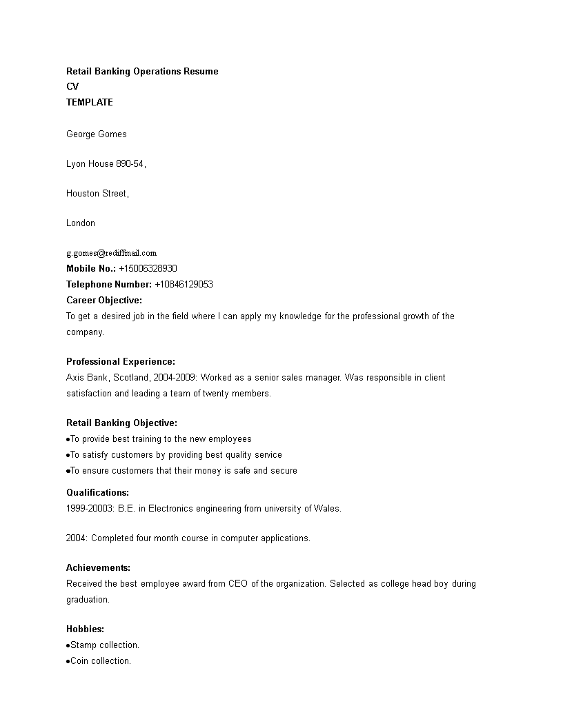 retail banking operations resume template