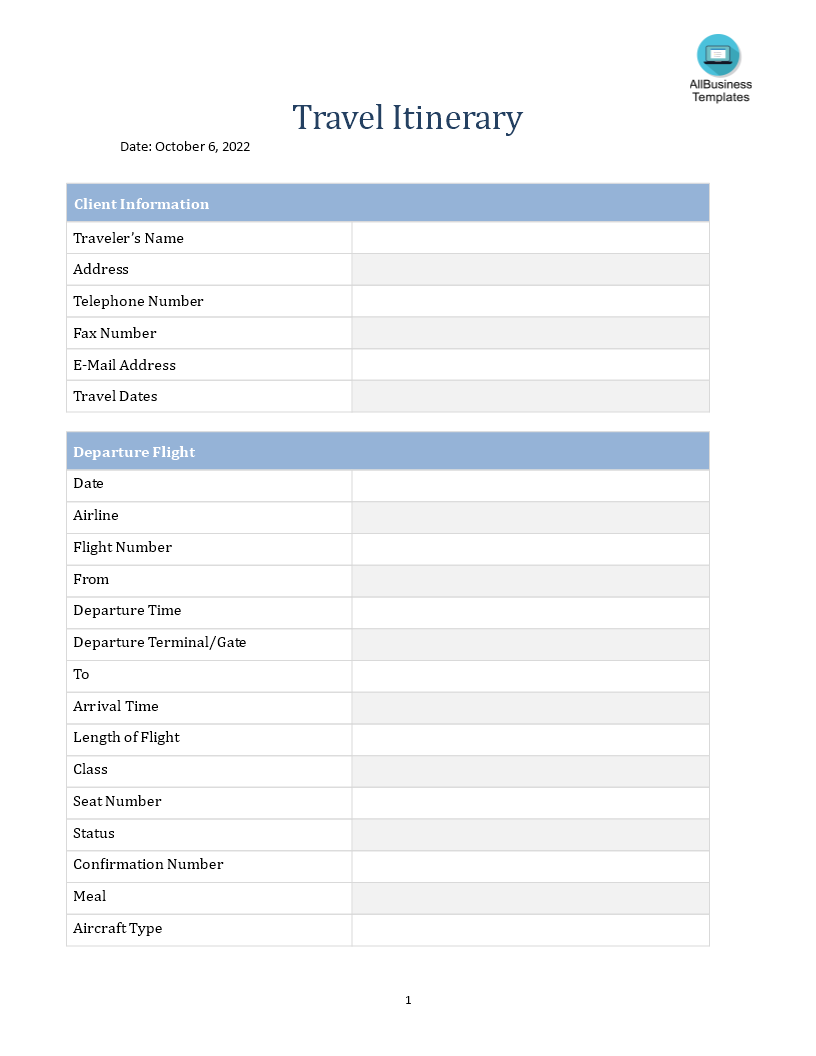 client travel itinerary in word voorbeeld afbeelding 