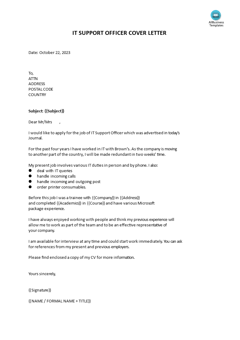 IT Support Officer CV Cover Letter 模板