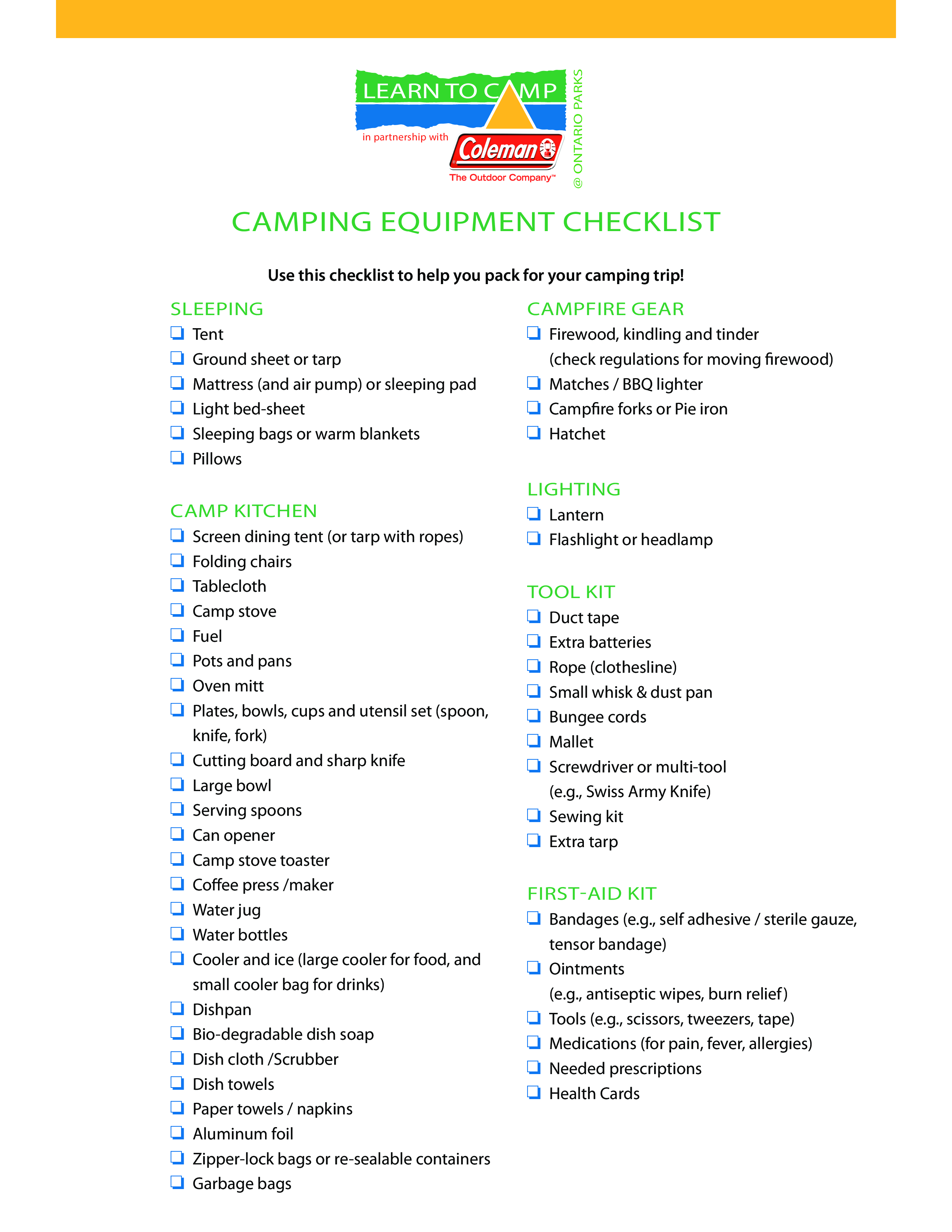 camping equipment checklist Hauptschablonenbild