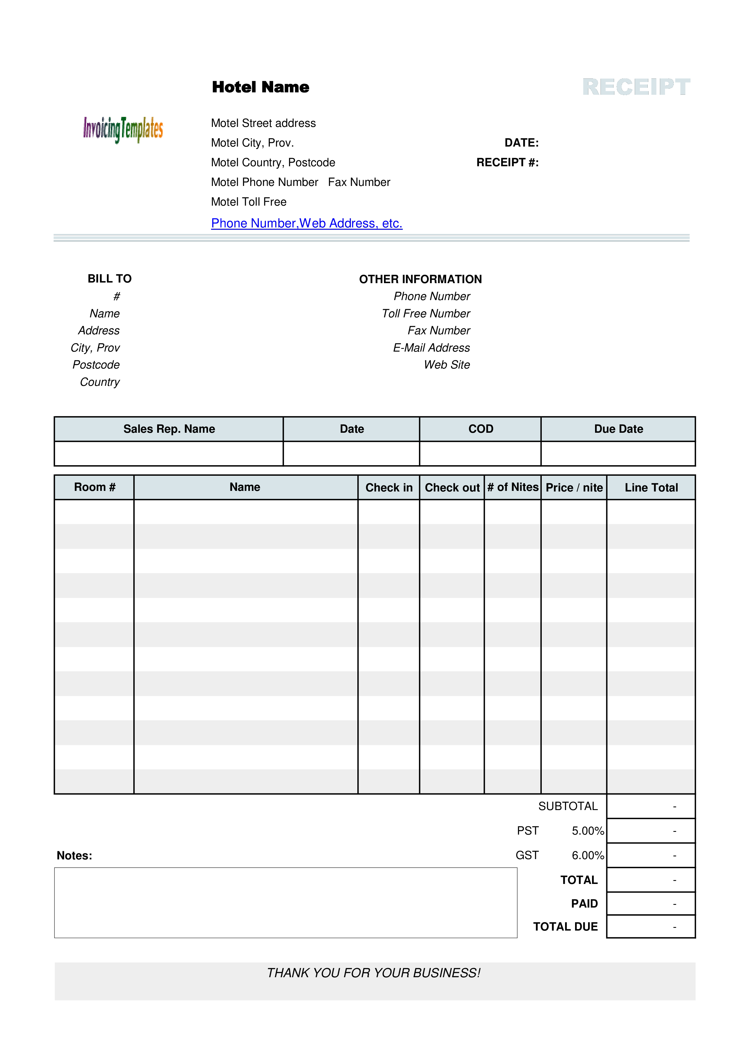 Hotel Receipt Template with Instructions Templates at