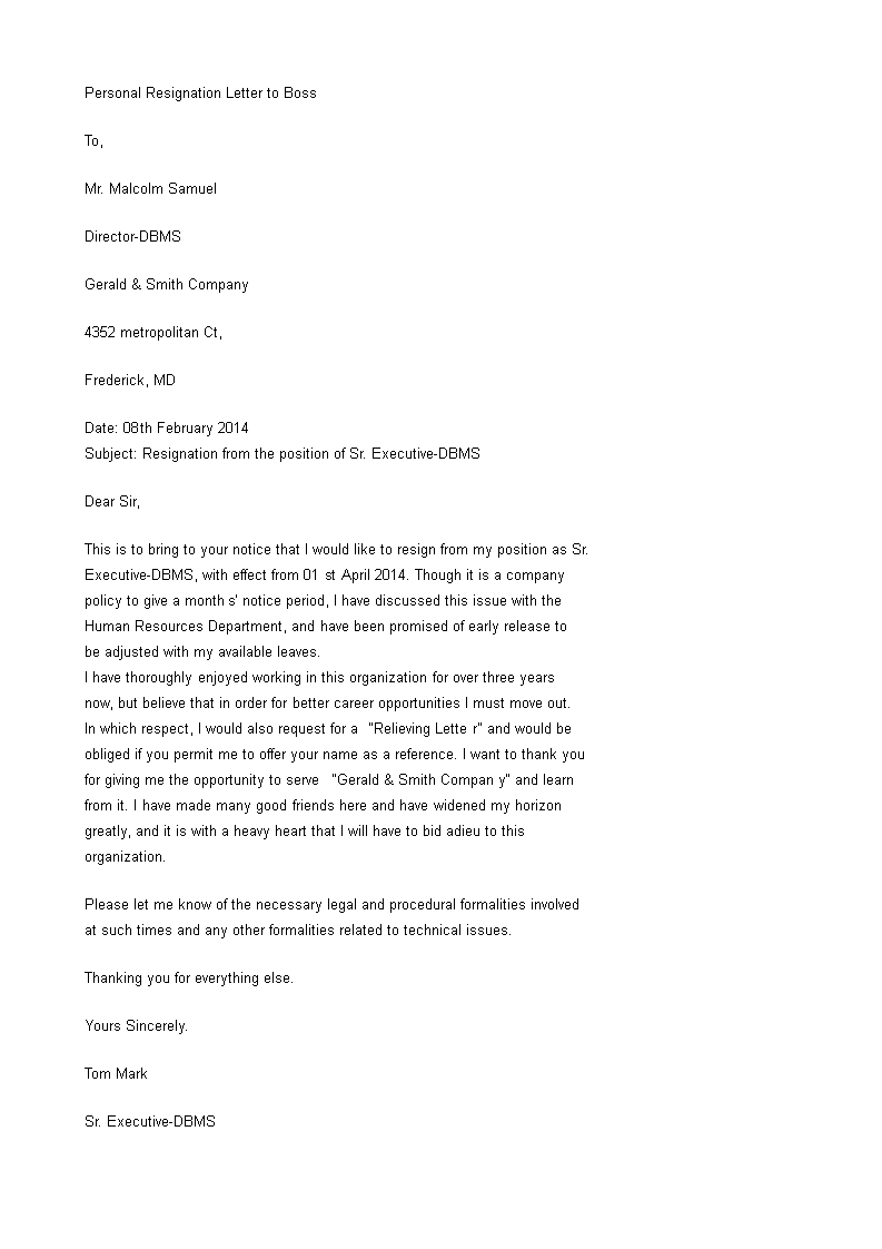 sr executive personal resignation letter to boss template