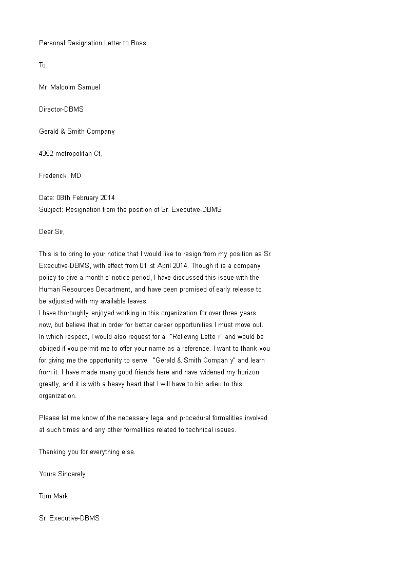 Sr Executive Personal Resignation Letter To Boss | Templates at ...