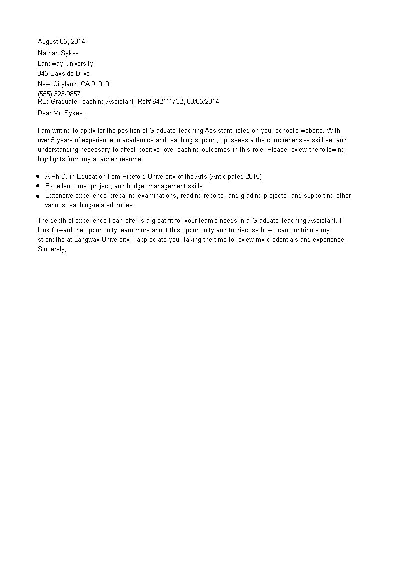 job application letter for teaching assistant plantilla imagen principal