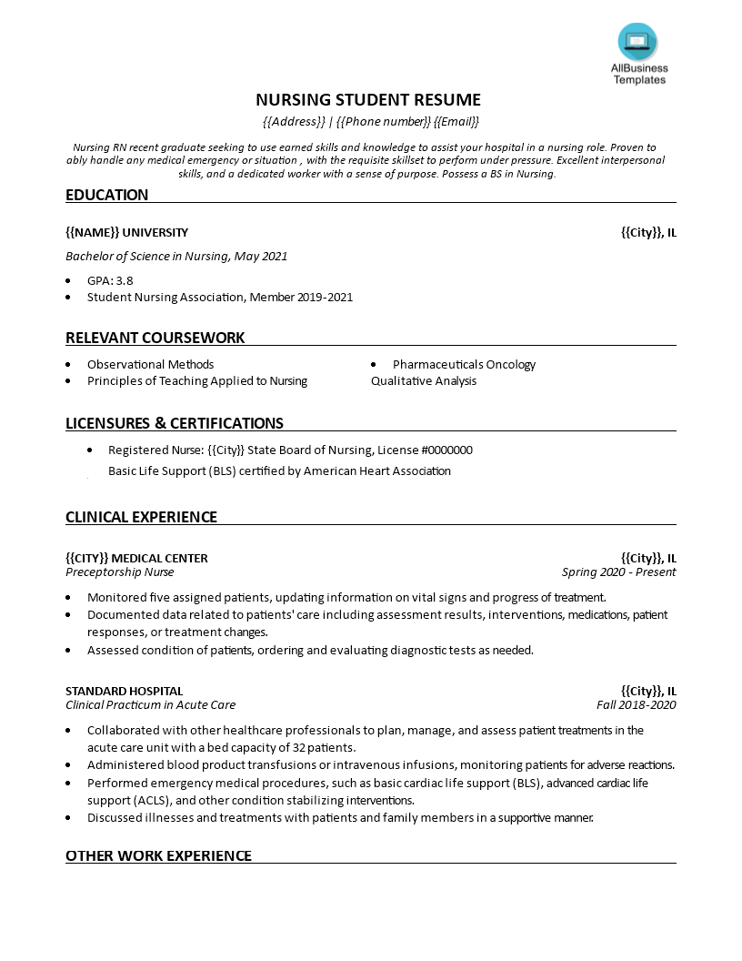 nursing student resume template