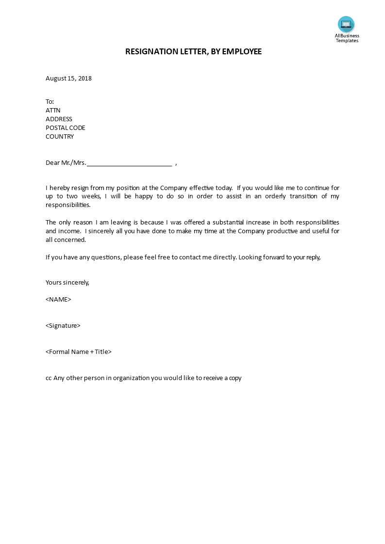 Resignation Letter,by Employee main image