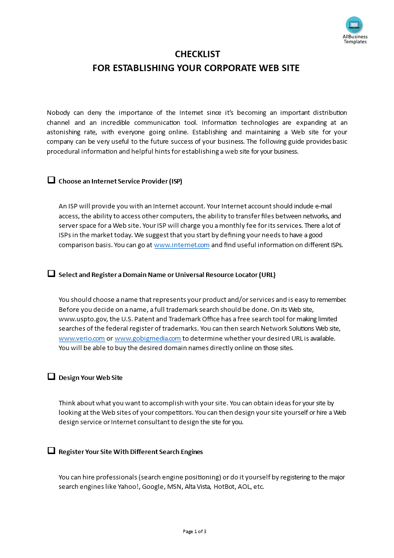 checklist establishing a website template