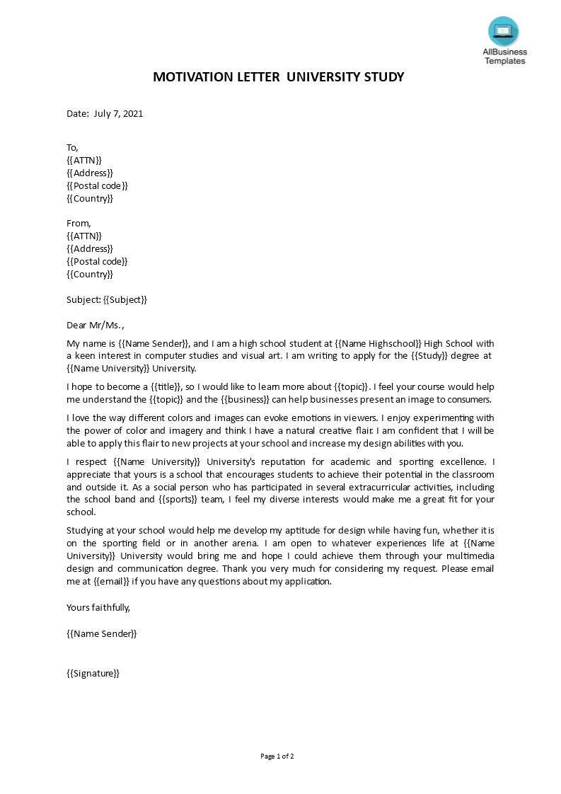 motivation letter university template