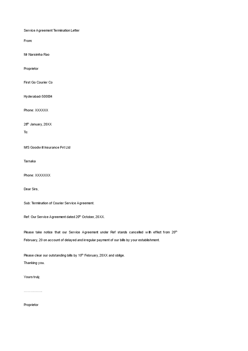 service agreement termination letter template