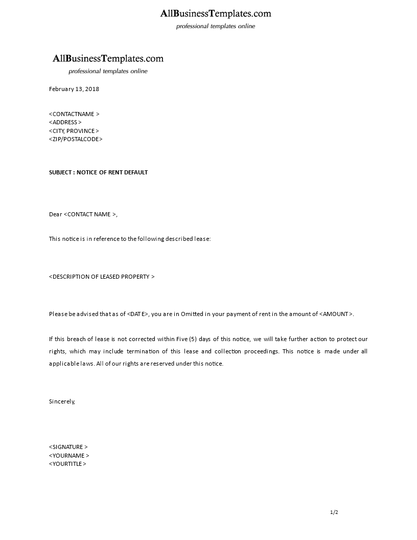 formal notice of default in rent tenancy agreement template Hauptschablonenbild