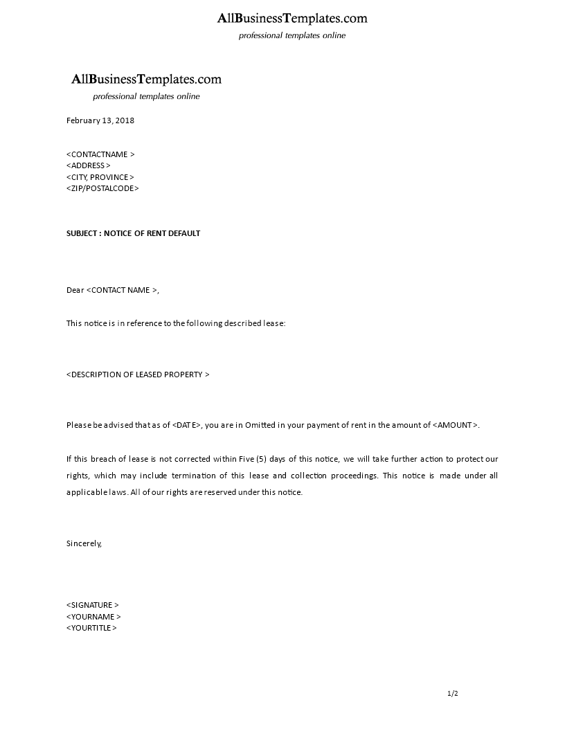 formal notice of default in rent tenancy agreement template voorbeeld afbeelding 