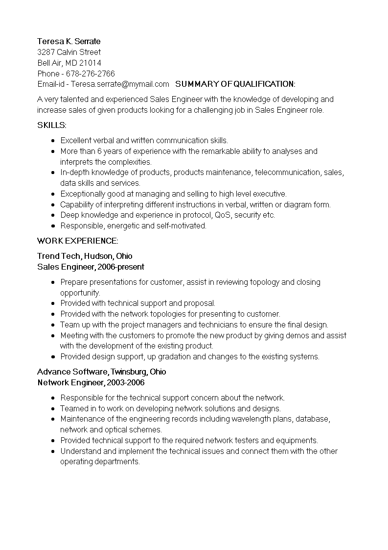 Security Sales Engineer Resume 模板