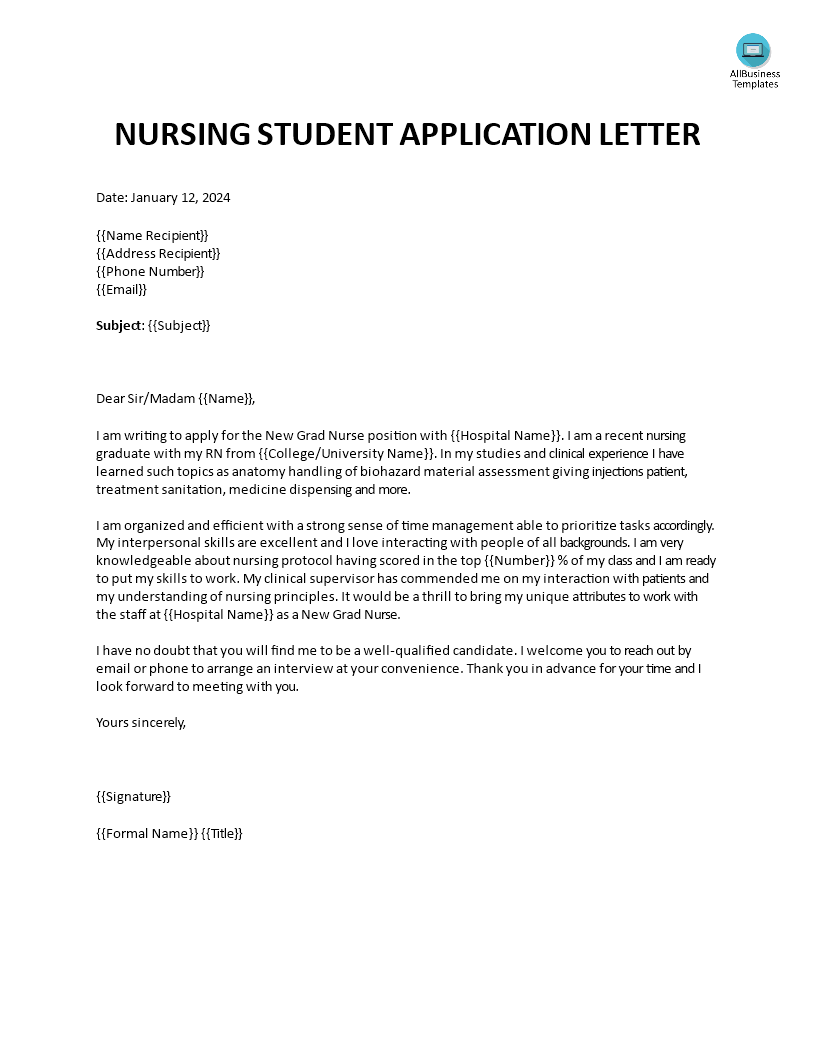 application letter for licensed nurse