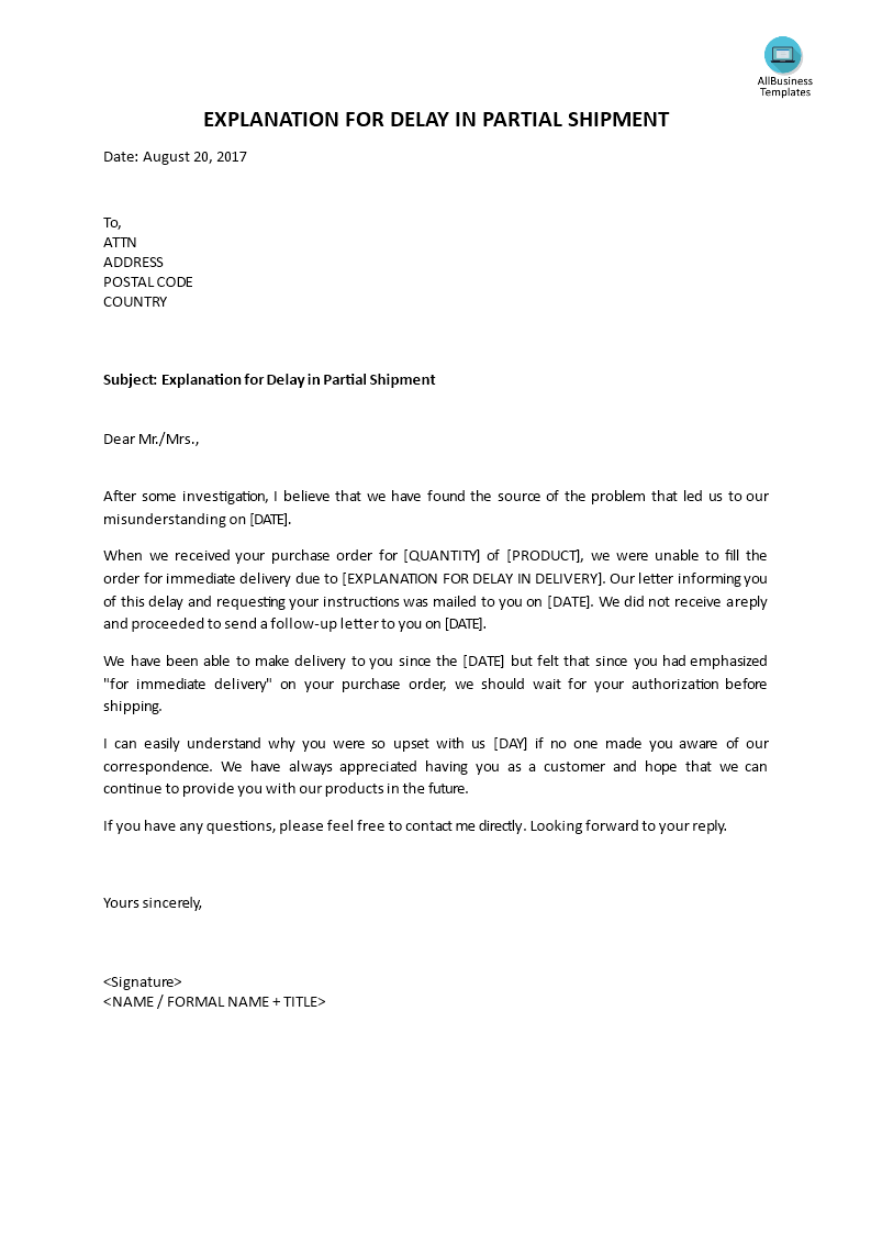 explanation for delay in partial shipment plantilla imagen principal