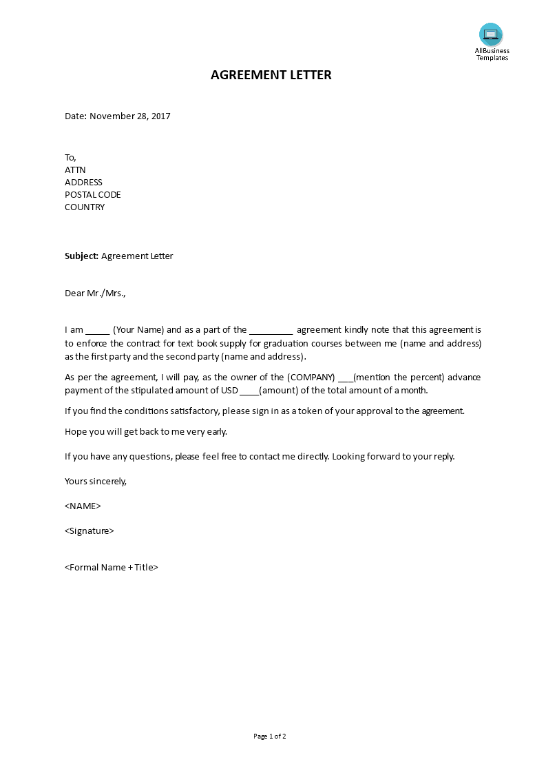 Kostenloses Agreement Letter Template