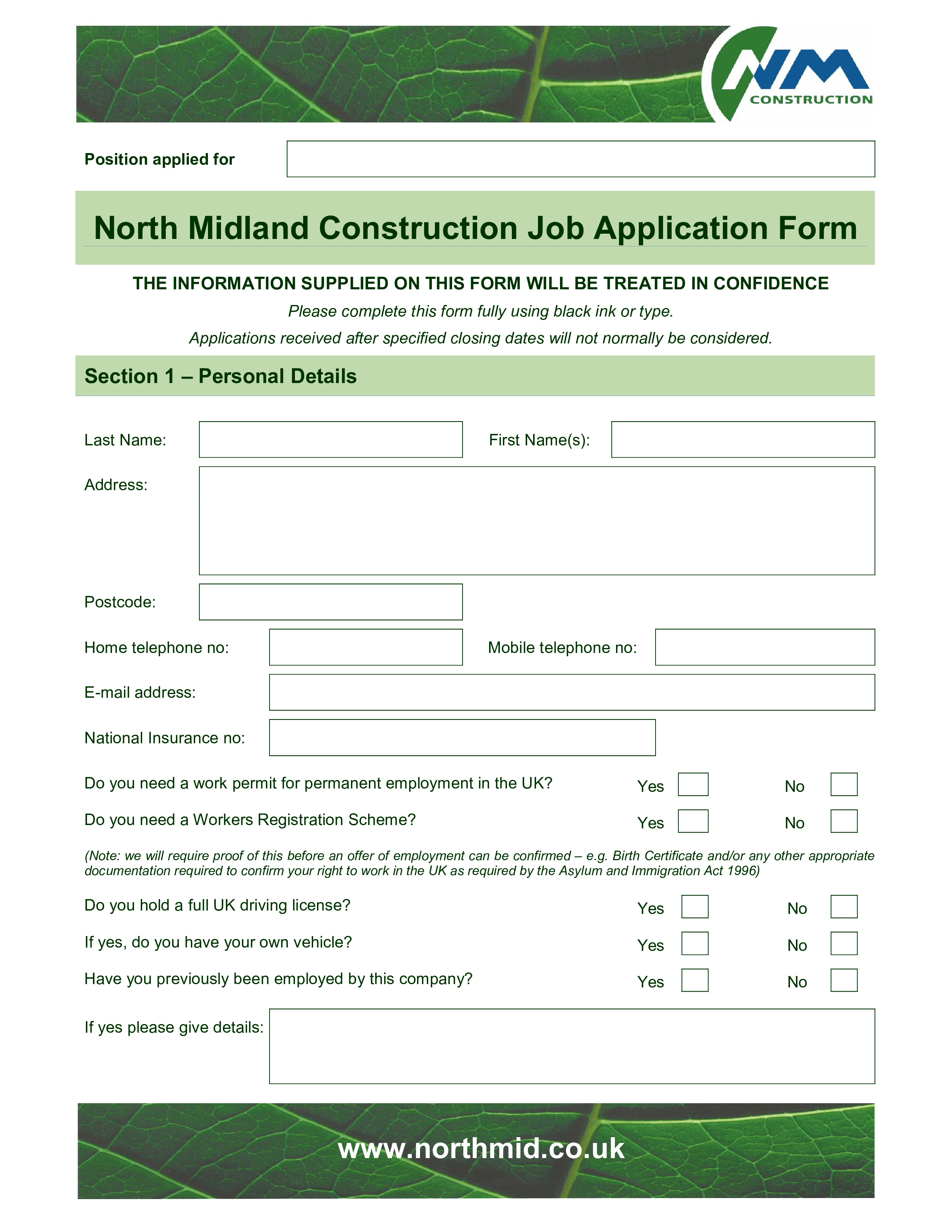 Construction Job Application Form main image