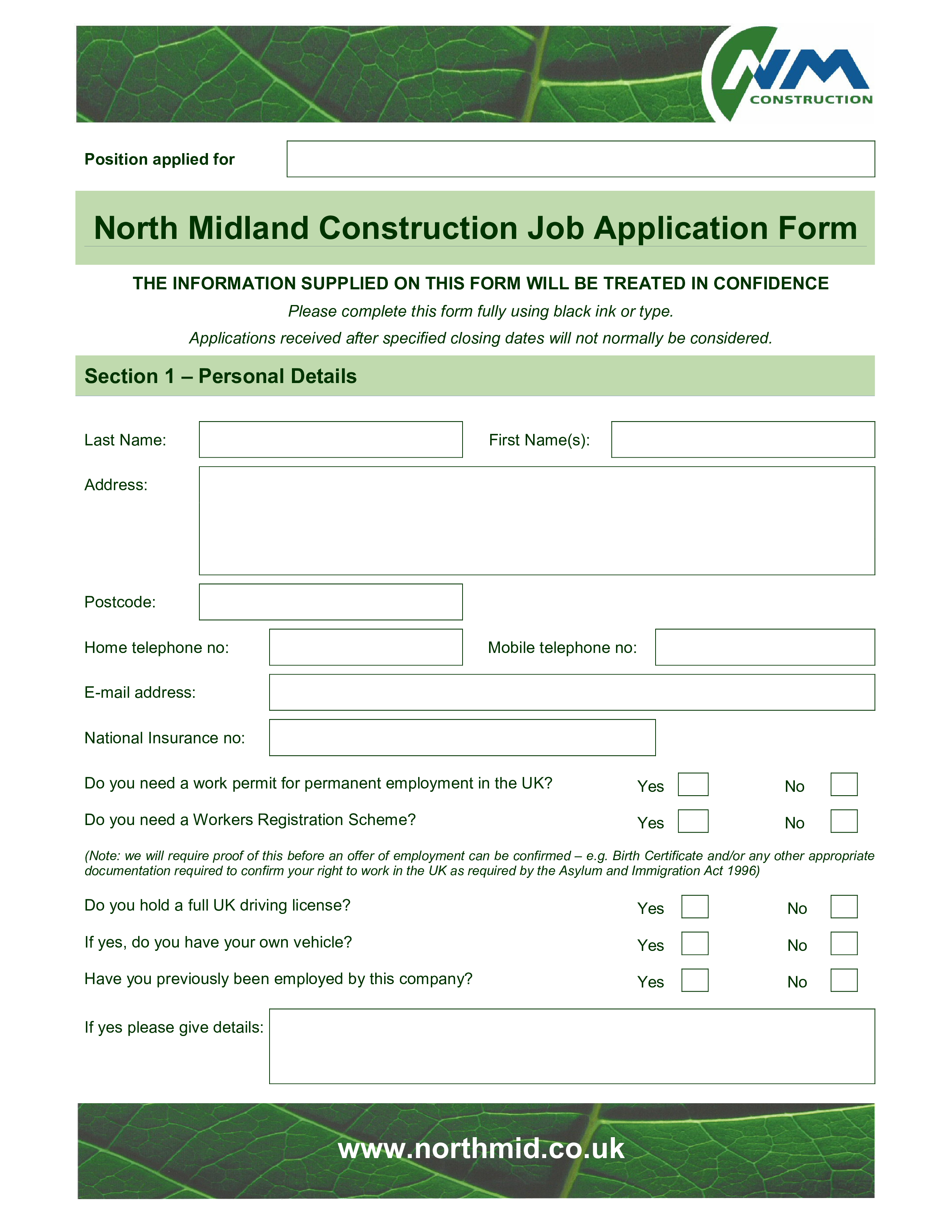 Printable Construction Job Application Template Printable Templates