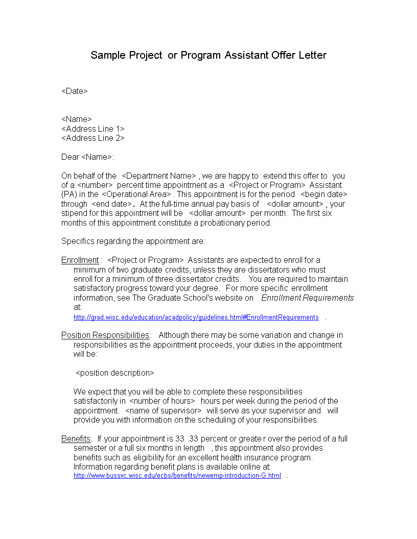 Appointment Letter For Project Assistant Manager main image